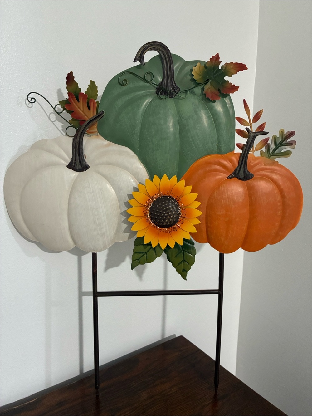NWT- Glittered Sunflower & Pumpkin Trio- Fall Harvest Metal Yard Stake 23.5x19.5